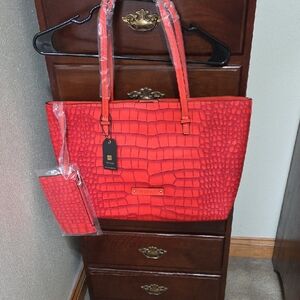 De Vesi Red Crocodile Embossed Tote Bag